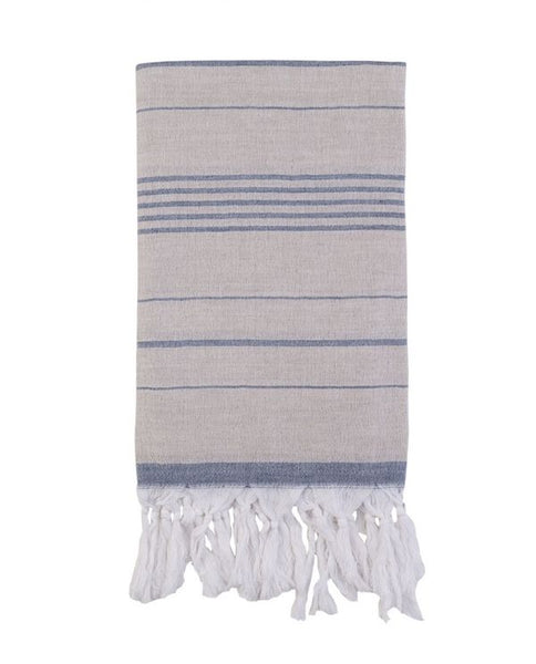 Artisan Turkish towel with fringes, cotton & linen - Shopping Blue