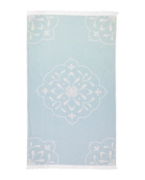Peshtemal Turkish towel with large floral pattern, cotton, teal - Shopping Blue